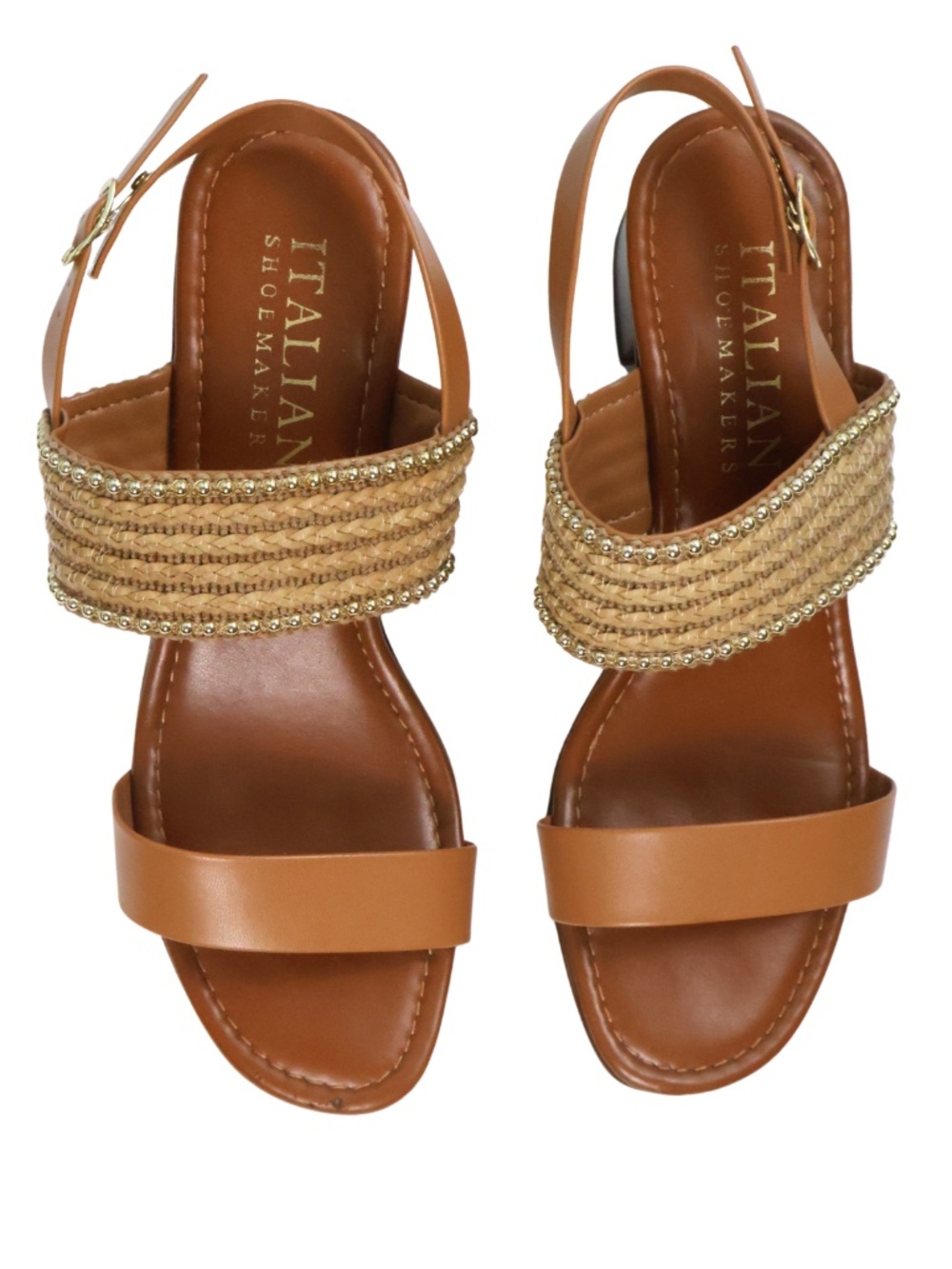 Italian Shoemakers Raffia Woven Block Heel Sandals Tan Gold Size 9